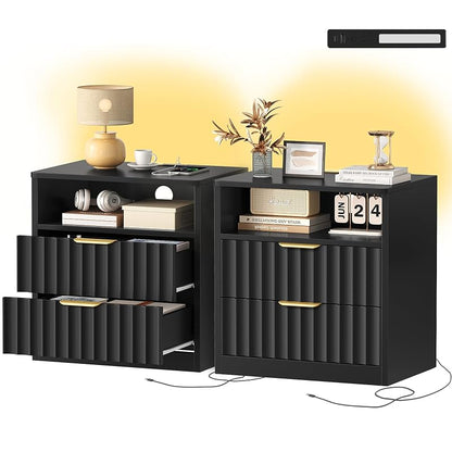 Fluted Nightstands Set of 2 with Charging Station & LED Light, Black, 2 Drawers