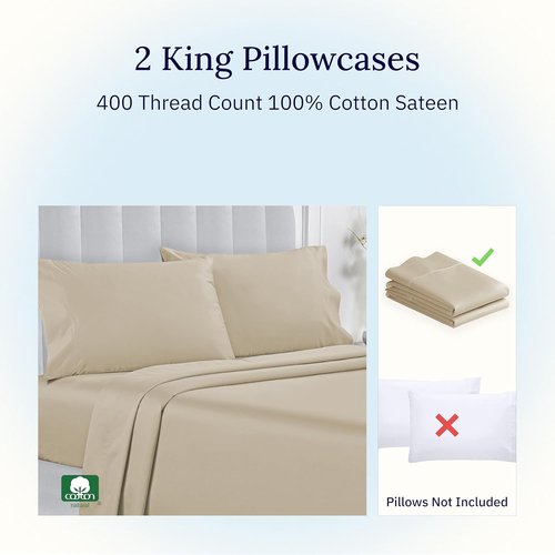 California Design Den King Pillowcase Set - 400 Thread Count, 100% Cotton, Soft & Breathable | Beige