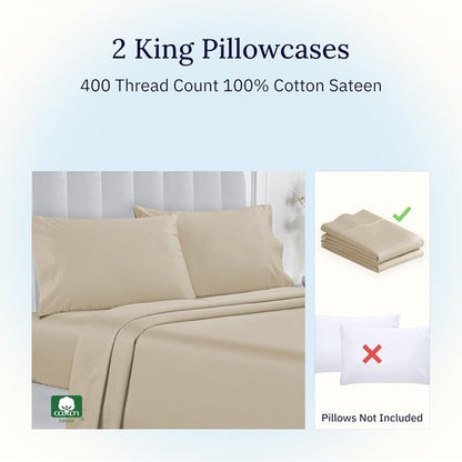 California Design Den King Pillowcase Set - 400 Thread Count, 100% Cotton, Soft & Breathable | Beige