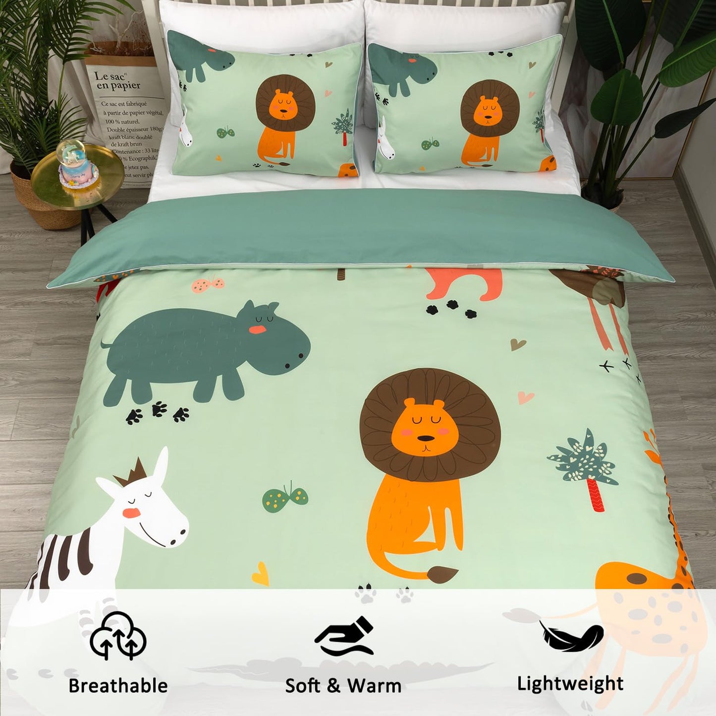 Dropshipful Animal Duvet Cover Set Queen Size, 3 Pieces Green Comforter Cover Set for Cartoon Cute Bedding Set with Lions, Giraffes, Hippos,Crocodiles