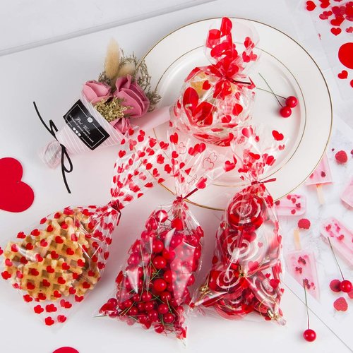 Biubee Valentine Cellophane Bags - 160 Pcs Clear Treat Bags with 4 Assorted Styles & Twist Ties | 10.6''x5''