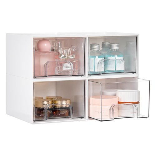 Vtopmart 4Pack Small Stackable Storage Drawers, Bathroom Makeup Organizer,Plastic Storage Bins For Vanity, Undersink, Kitchen Cabinets, Pantry, Home Organization(White)