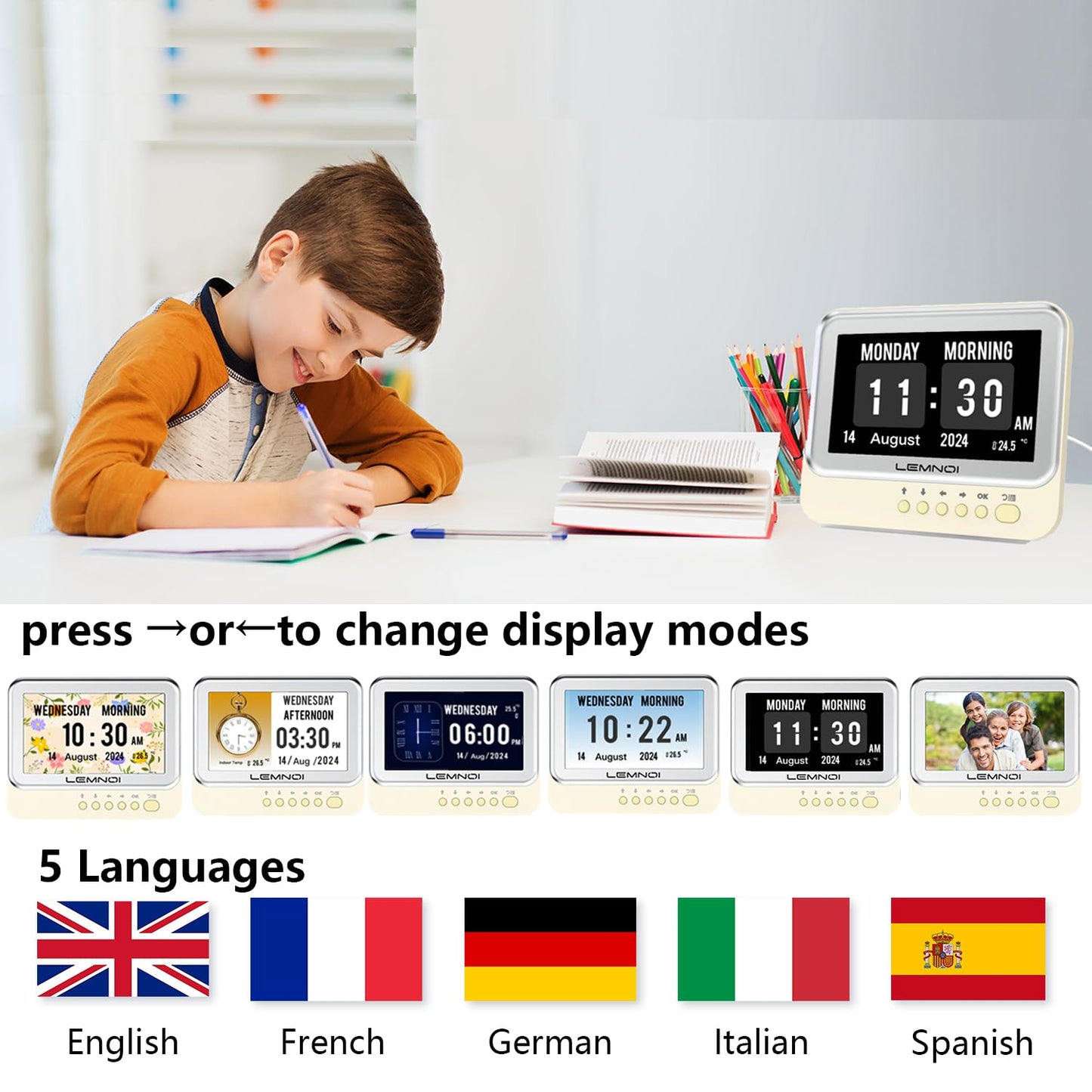 Lemnoi Dementia Clock,Digital Calendar Clock with Day and Date,Alzheimer's Calendar for Seniors Elderly Memory Loss, 15 Alarms 15 Medicine Reminders,Customizable Auto Dimmable,Auto DST(7in White)