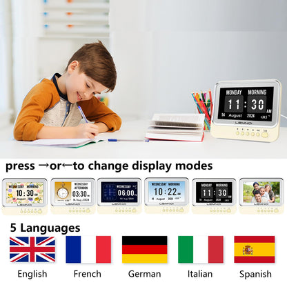 Lemnoi Dementia Clock,Digital Calendar Clock with Day and Date,Alzheimer's Calendar for Seniors Elderly Memory Loss, 15 Alarms 15 Medicine Reminders,Customizable Auto Dimmable,Auto DST(7in White)