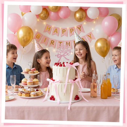 Skiennix Bow Cake Toppers - 18 PCS Pink Ribbon Bows with 1 Happy Birthday Topper | Perfect for Weddings & Showers
