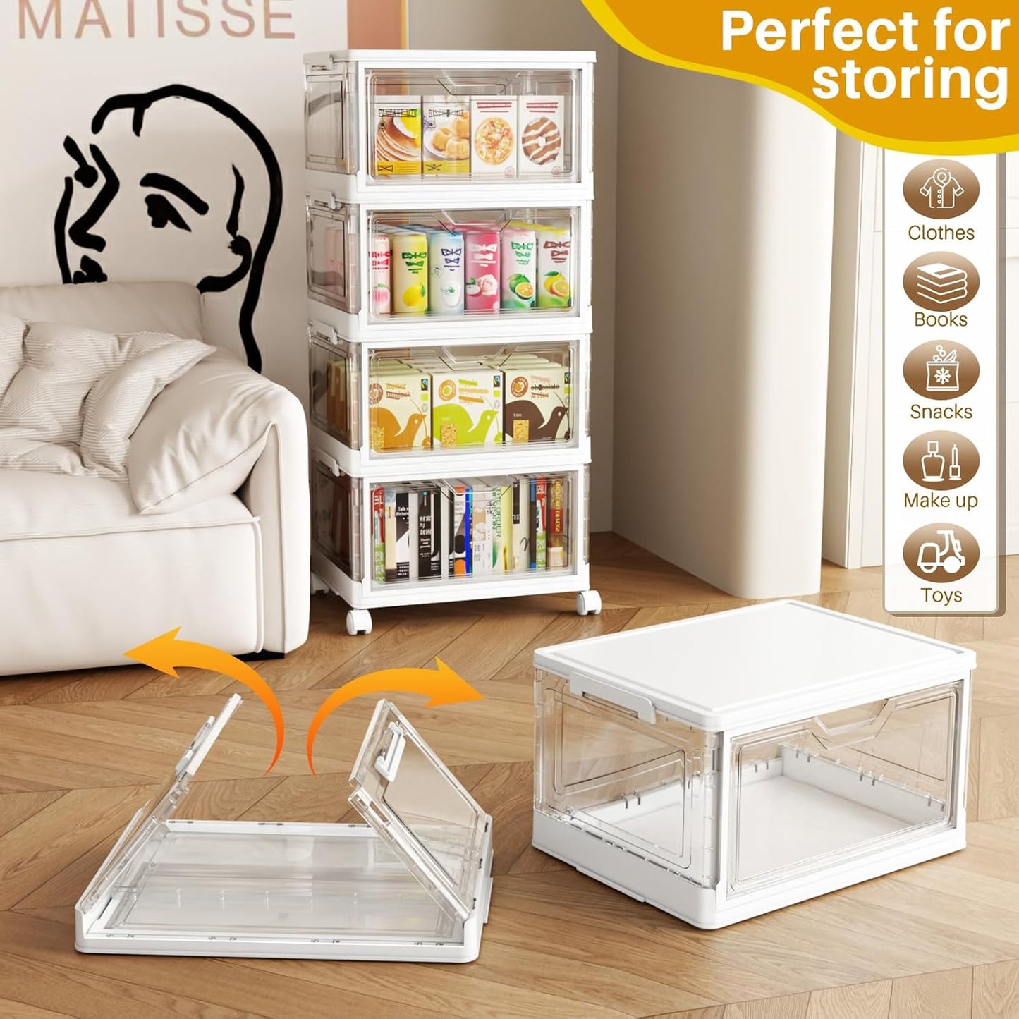SNSLXH Clear Storage Bins - 24QT Portable Bins with Lid & Wheels | Stackable 4-Tier Design for Home & Office