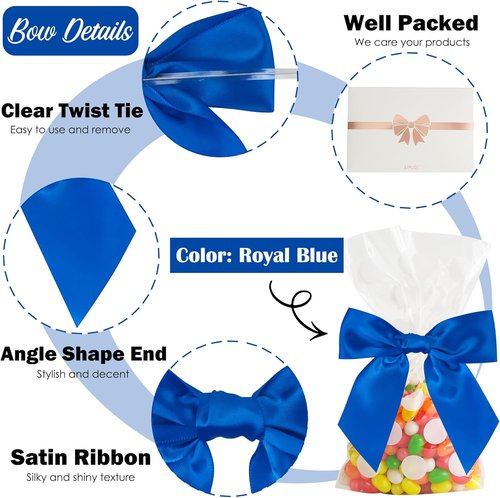 AIMUDI Royal Blue Satin Twist Tie Bows - 4.5" Pre-Tied Gift Wrapping Bows | 36 Pack for Baby Showers & Weddings