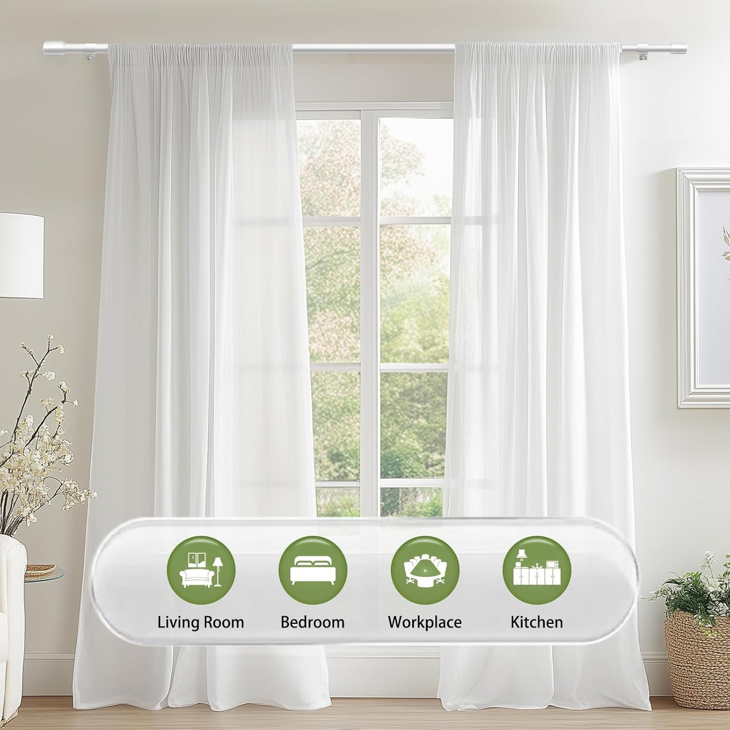 Skiennix Adjustable Curtain Rods - 5/8” Diameter, 30-60 Inch for Windows | White with Brackets