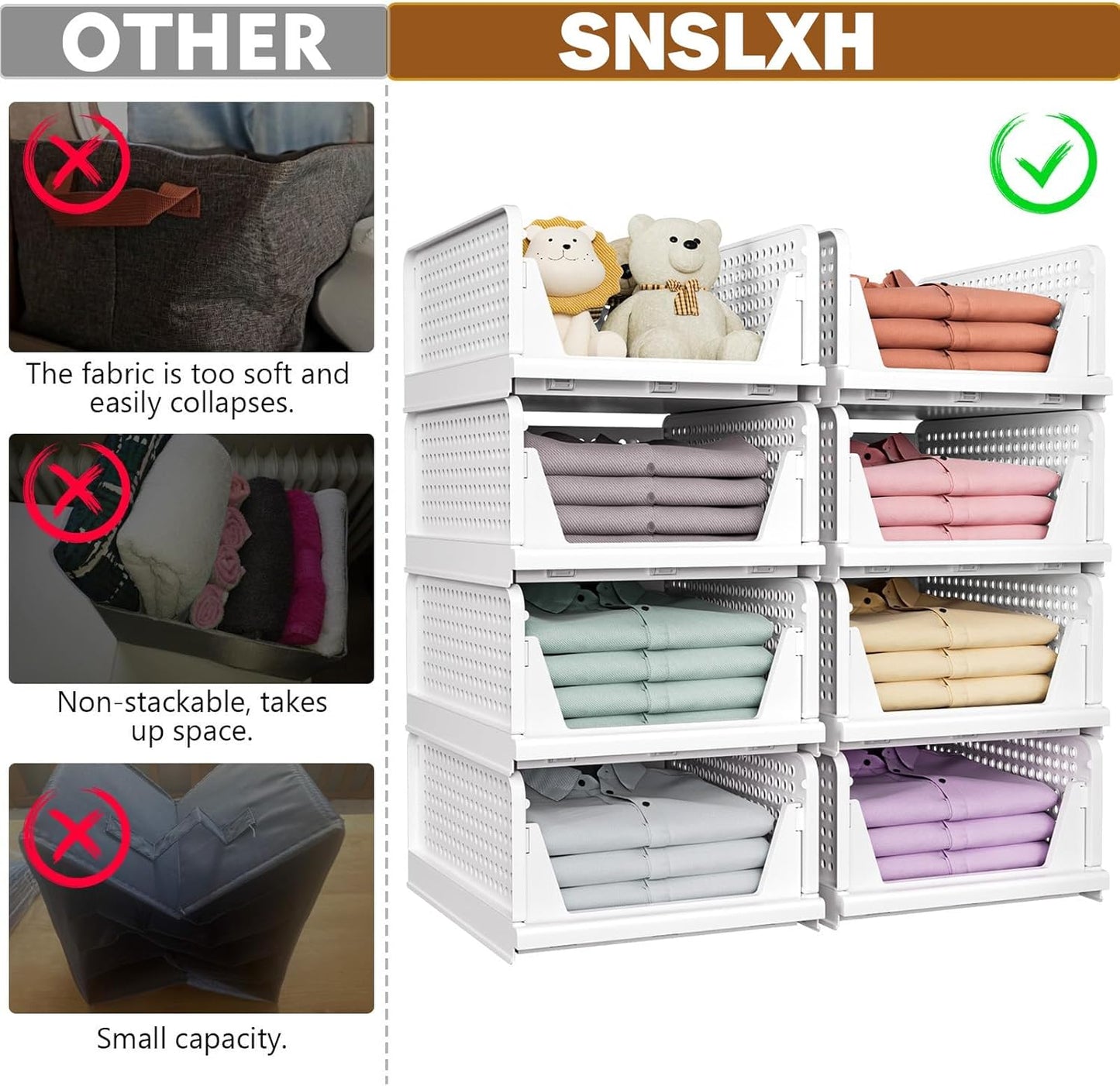 SNSLXH Stackable Closet Storage Baskets - Multifunctional & Foldable Organizer for Bathroom, Kitchen, Laundry | White, 5 Pack