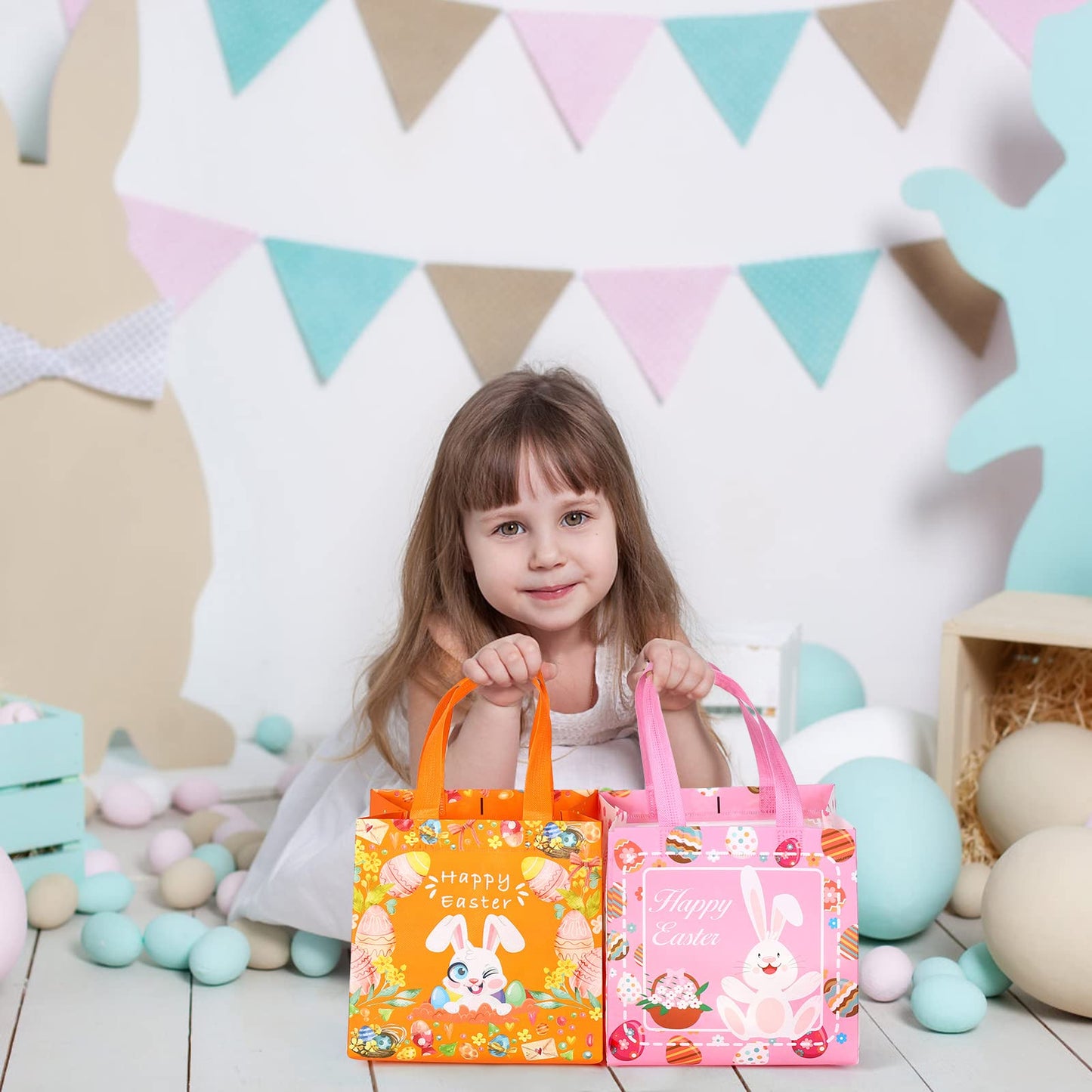 YANGTE Easter Bags 36 pcs Easter Baskets with Handle Gift Bags Reusable Non-Woven Tote Bags for Kids Easter Holiday Spring Party Supplies Open Size 12.4 * 9.84 * 6.69 in