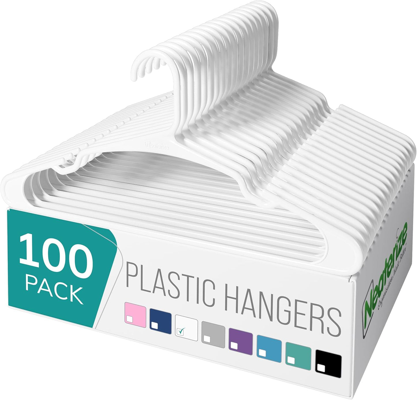 Neaterize Clothes Hangers - 100 Pack Plastic Hangers for Adults | Space-Saving White Coat Hangers