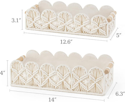 Mkono Macrame Storage Basket - Scalloped Edge Boho Woven Decor | Small Organizer Set of 2 in Ivory