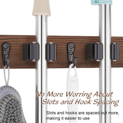 OUTNILI Mop Broom Holder Wall Mount - 2 Pack with 3 Slots & 4 Hooks for Kitchen Organization | Rustic Wood Design