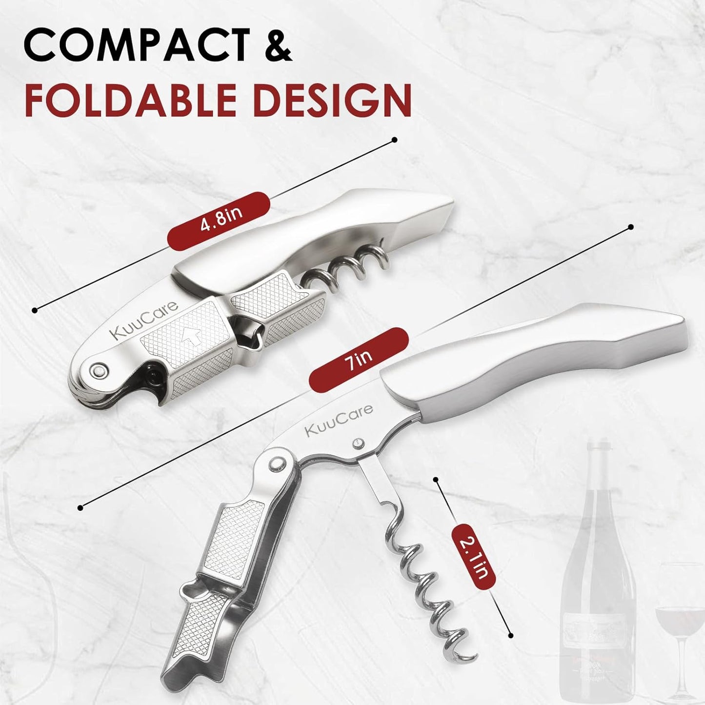 Wine Opener Waiter Corkscrew, Premium 420 Stainless Steel Wine Bottle Opener with Foil Cutter & Cap Remover, Double Hinged Manual Wine Key for Bartenders, Servers, Waiters and Home Use, Silver