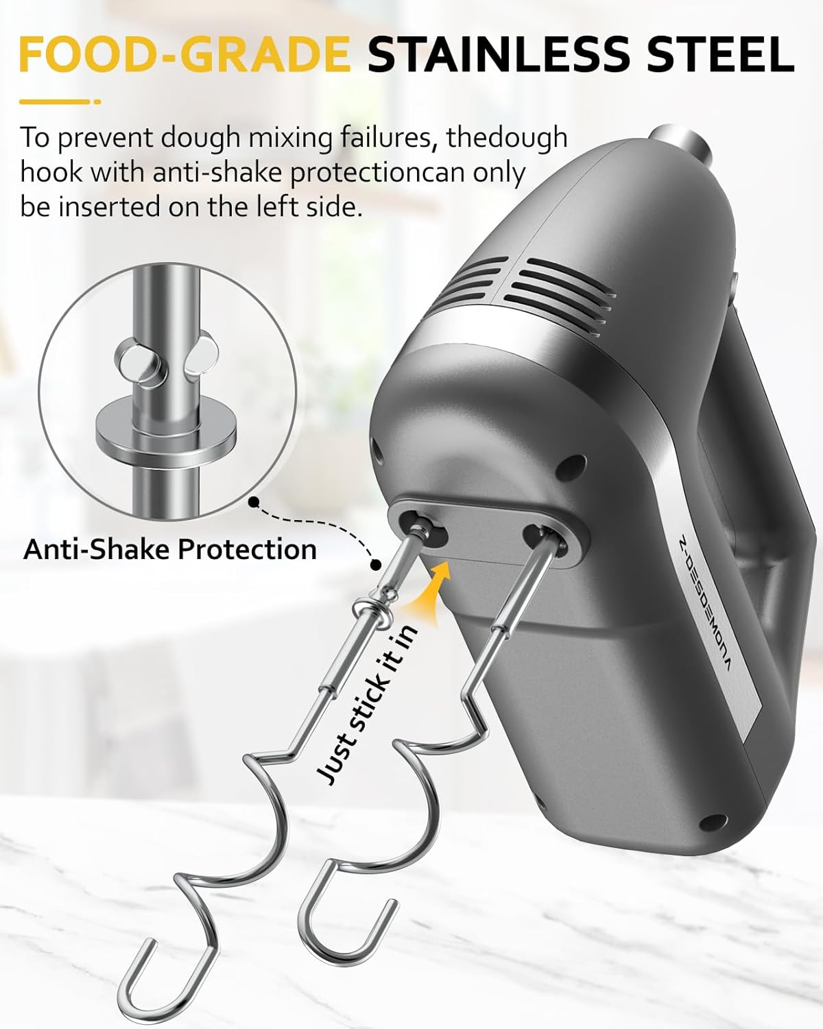 Skiennix Electric Hand Mixer - Powerful Handheld Mixer with 304 Beaters & Dough Hook | Turbo Function, Grey