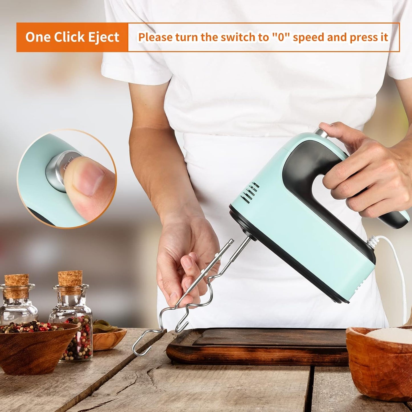 Skiennix 9-Speed Hand Mixer - 400W Powerful Electric Mixer with Snap-On Storage Case & 5 Accessories (Ice Blue/Black)