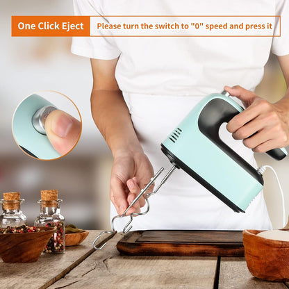 Skiennix 9-Speed Hand Mixer - 400W Powerful Electric Mixer with Snap-On Storage Case & 5 Accessories (Ice Blue/Black)