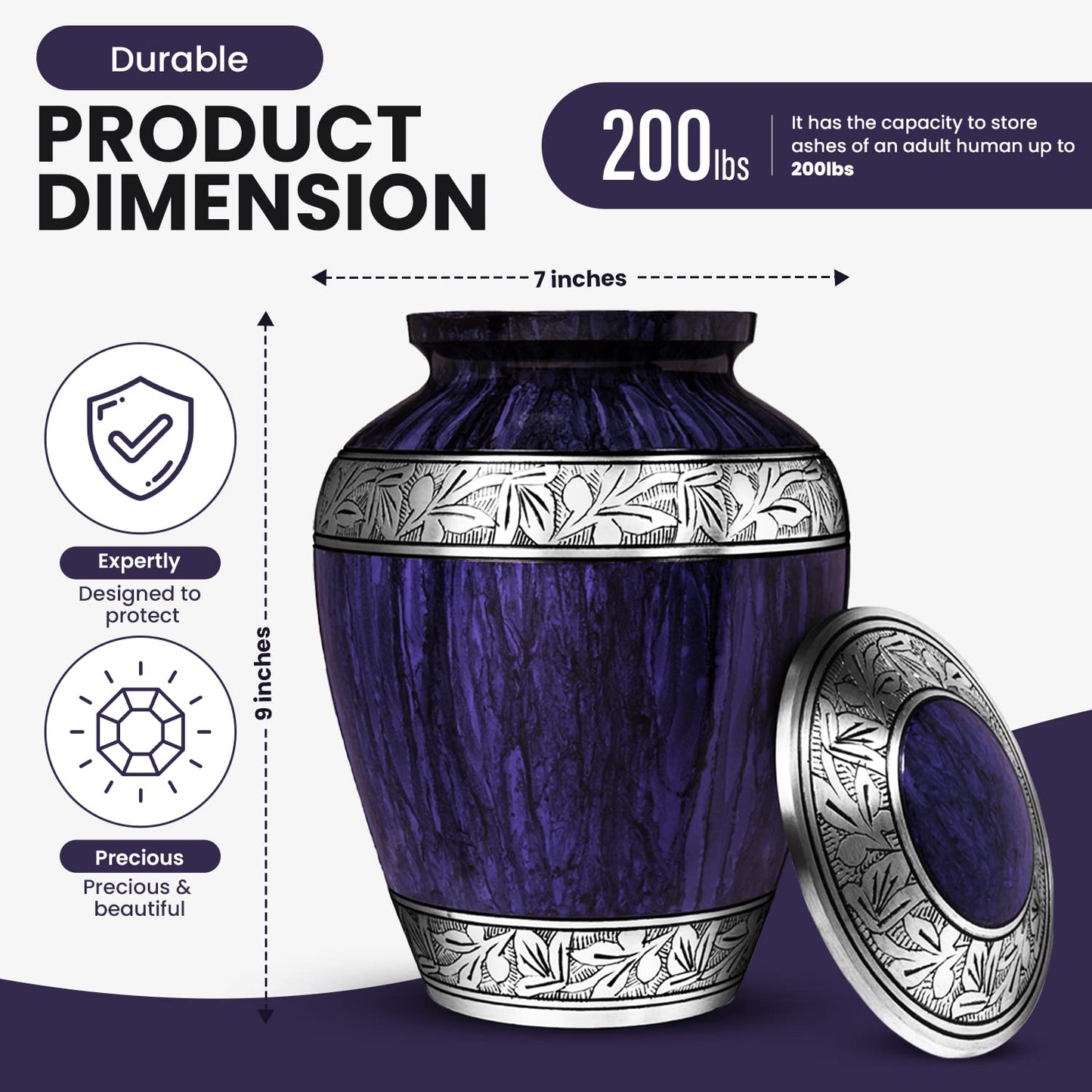 Purple Urns for Human Ashes Adult Large Standard Size Funeral Memorial Earns, Handcrafted Cremation Urns, Up to 200 lbs Adult Male Female Ashes, Burial Containers for Dad Women Men