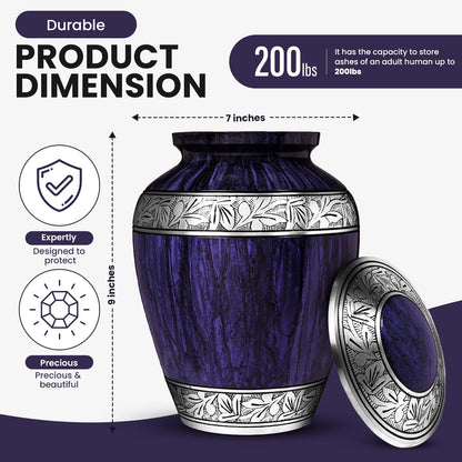 Purple Urns for Human Ashes Adult Large Standard Size Funeral Memorial Earns, Handcrafted Cremation Urns, Up to 200 lbs Adult Male Female Ashes, Burial Containers for Dad Women Men