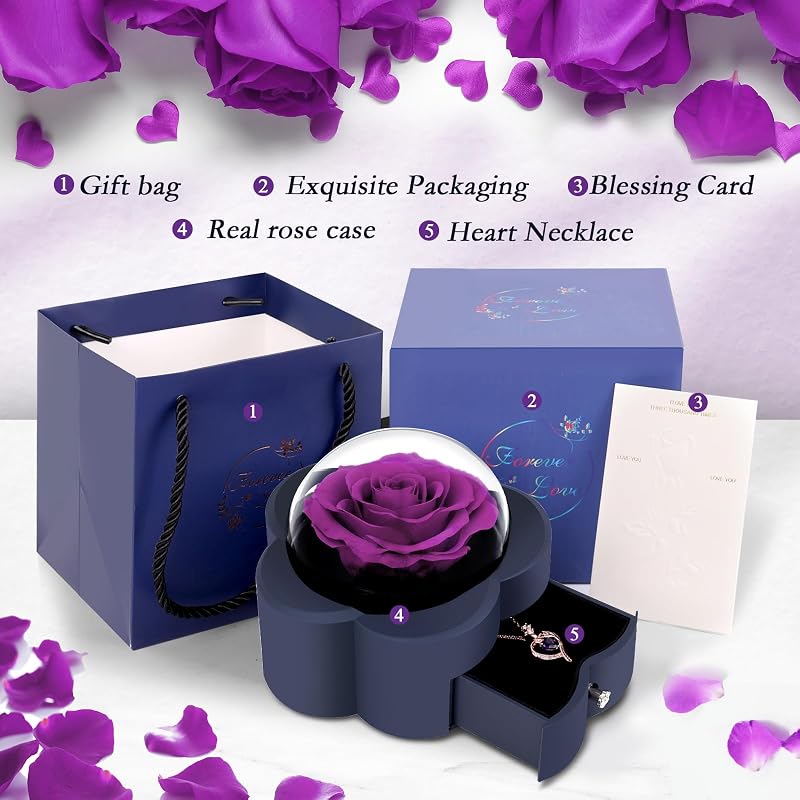 Preserved Rose with Heart Necklace Gift — Purple ONE ROSE