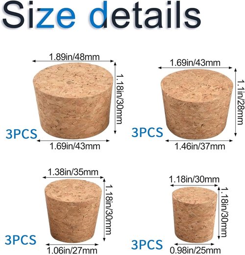 Bottle Mouth Sealing Soft Stopper Natural Soft Wood Corks 12 Pcs Four Sizes of Tapered Cork Plugs Large and Small Stoppers for Wine and Beer Bottles