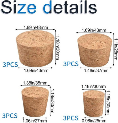 Bottle Mouth Sealing Soft Stopper Natural Soft Wood Corks 12 Pcs Four Sizes of Tapered Cork Plugs Large and Small Stoppers for Wine and Beer Bottles