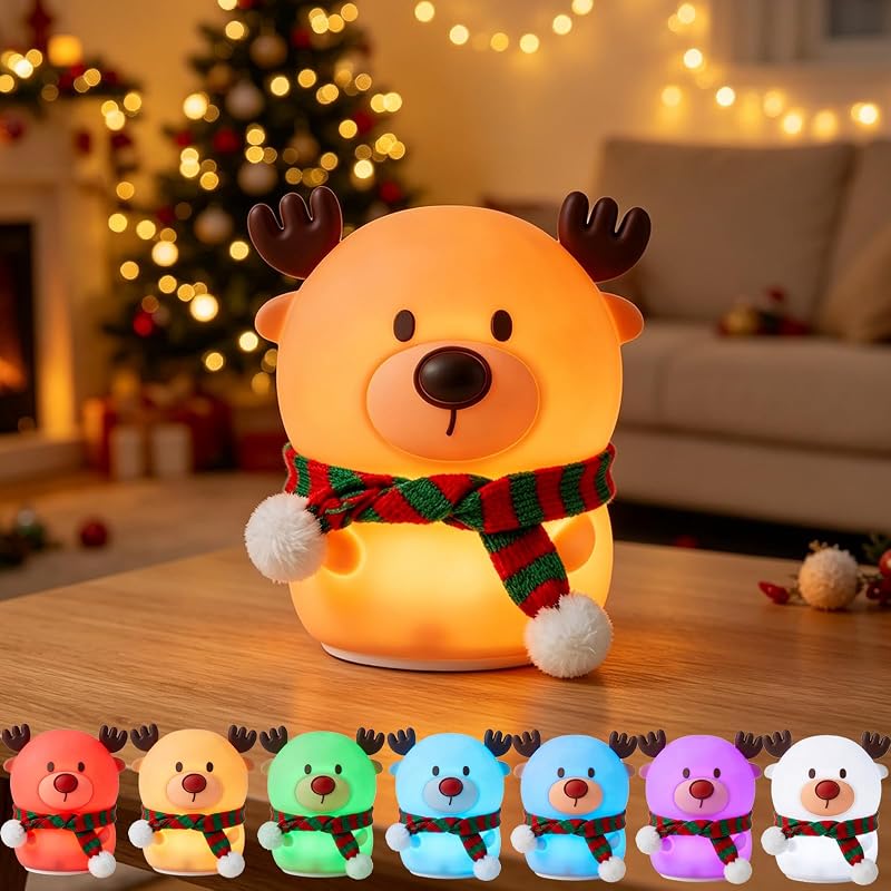 Reindeer Night Light for Kids – 7-Color USB Rechargeable Silicone Lamp with 3 Brightness Levels, Christmas Scarf