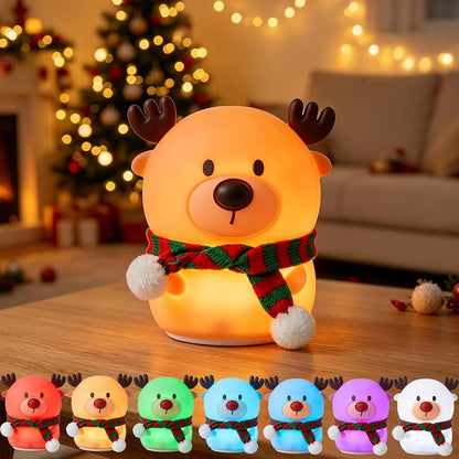 Reindeer Night Light for Kids – 7-Color USB Rechargeable Silicone Lamp with 3 Brightness Levels, Christmas Scarf