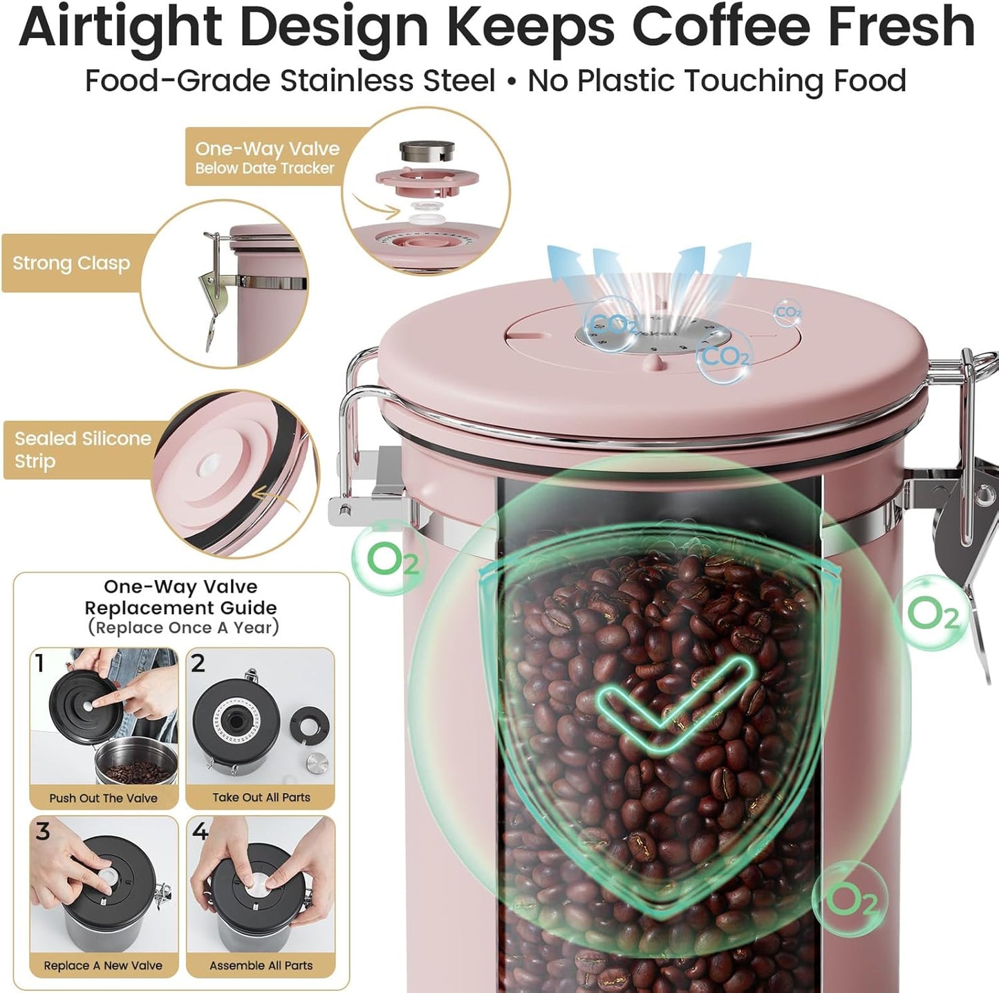Veken Coffee Canister - Airtight Stainless Steel Container with Window | 22oz Pink for Grounds, Beans & Tea