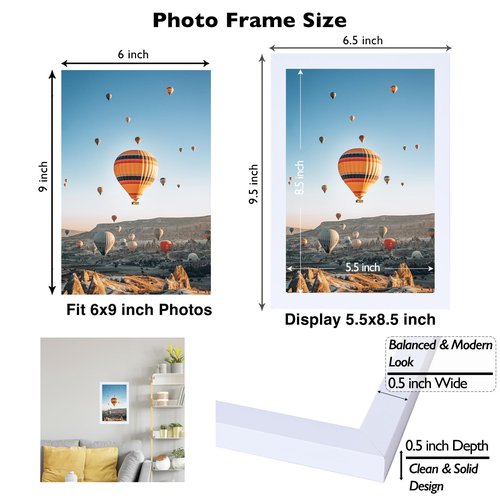 JCJMY 6x9 Picture Frame White for Wall Hanging or Tabletop- Wall Mounting Horizontally or Vertically, 6 x 9 Wall Gallery Poster Photo Frame for 6 by 9 Photos,White