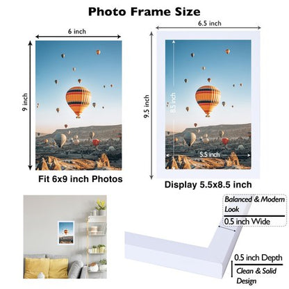 JCJMY 6x9 Picture Frame White for Wall Hanging or Tabletop- Wall Mounting Horizontally or Vertically, 6 x 9 Wall Gallery Poster Photo Frame for 6 by 9 Photos,White
