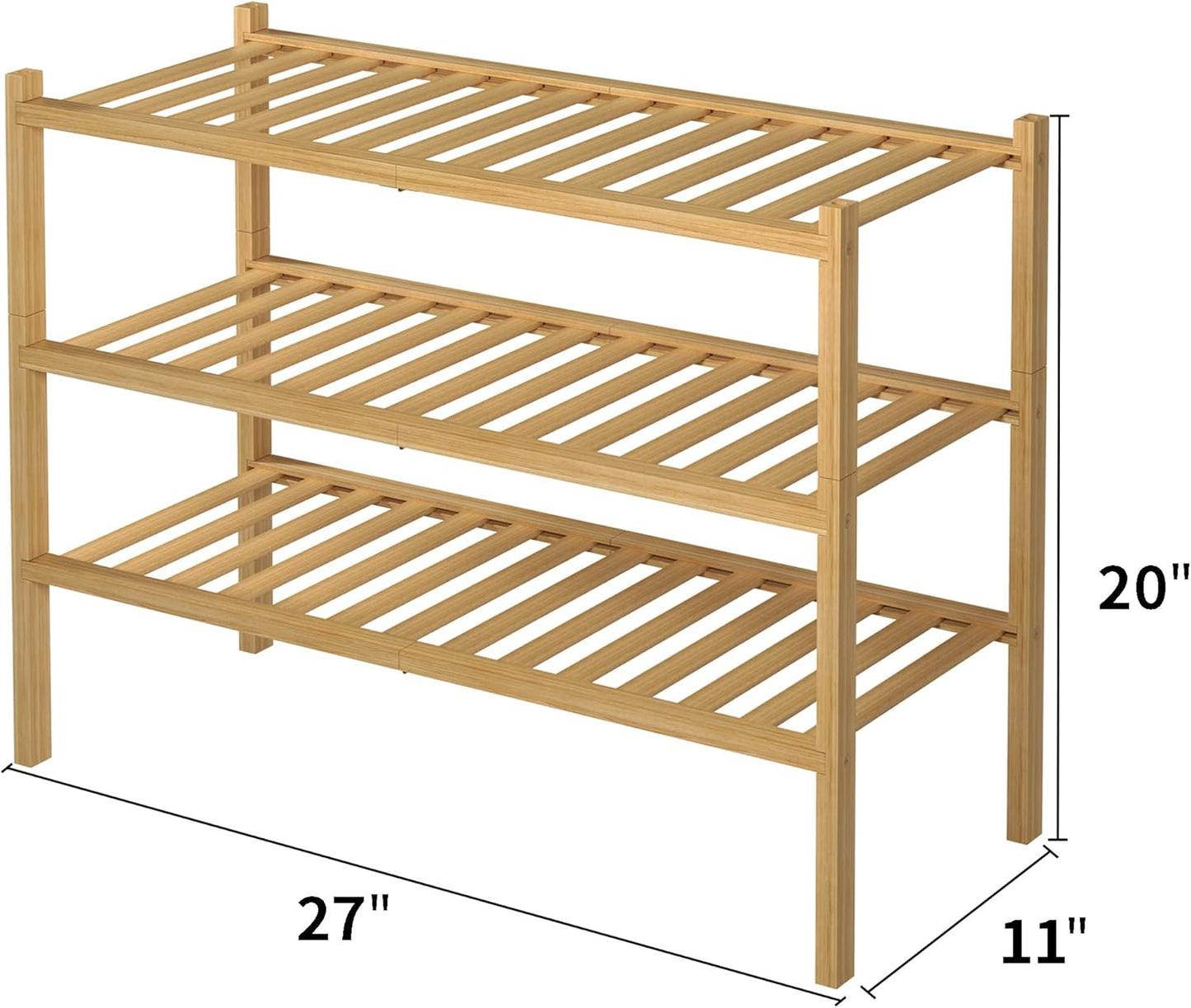 ROMGUAR CRAFT 3-Tier Bamboo Shoe Rack - Free Standing Wood Storage Organizer for Small Spaces | 27"x11"x20" (Natural)