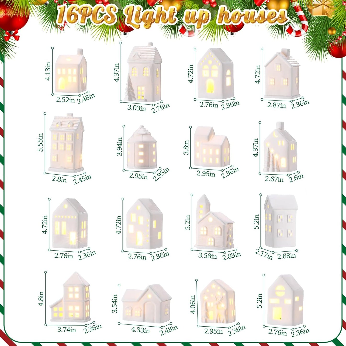 Vinsot 34 Pcs LED Christmas Village Set - Light Up Houses, Snowman & Santa Figurines, Trees & Lamp Post Decor