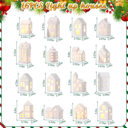Vinsot 34 Pcs LED Christmas Village Set - Light Up Houses, Snowman & Santa Figurines, Trees & Lamp Post Decor