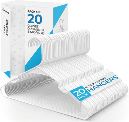 Beddora Plastic Hangers - 20 Pack White Clothes Hangers for Closet Organization & Space-Saving Design