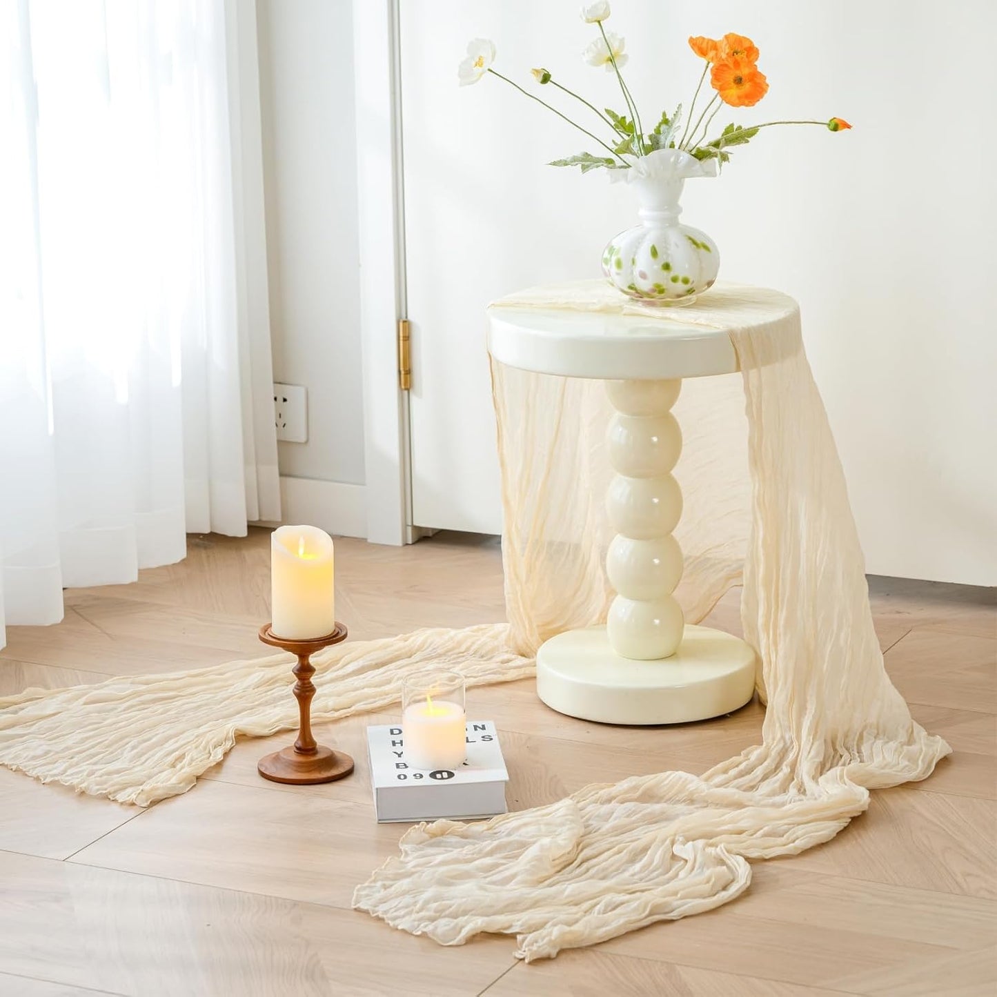 Sioloc Beige Cheesecloth Table Runner - Soft Boho Decor for Weddings & Events | 120'' x 35''