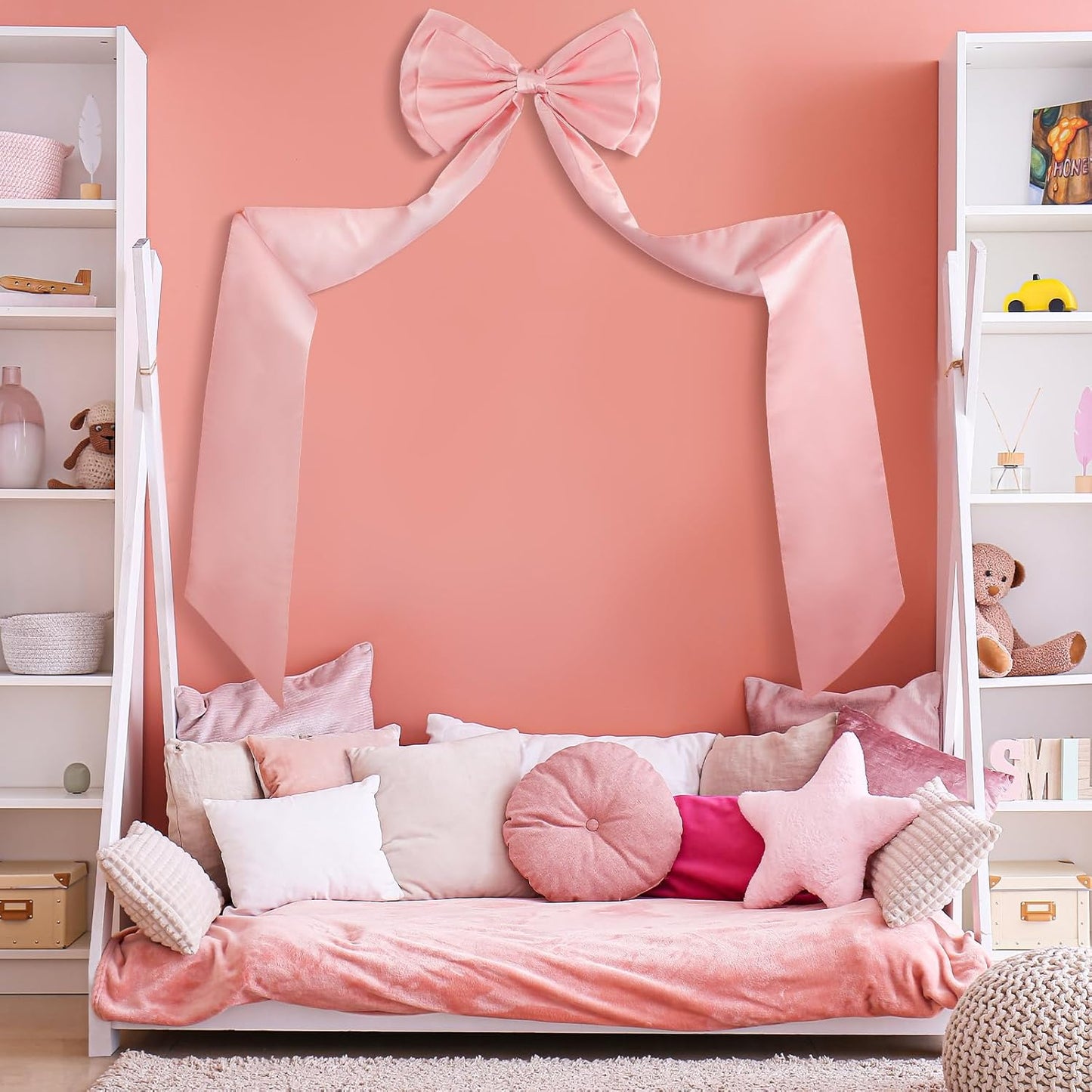 Wavwavw Wedding Bow Decor - Giant Dusty Pink Satin Bows for Room Wall Backdrop | 75x18 Inch