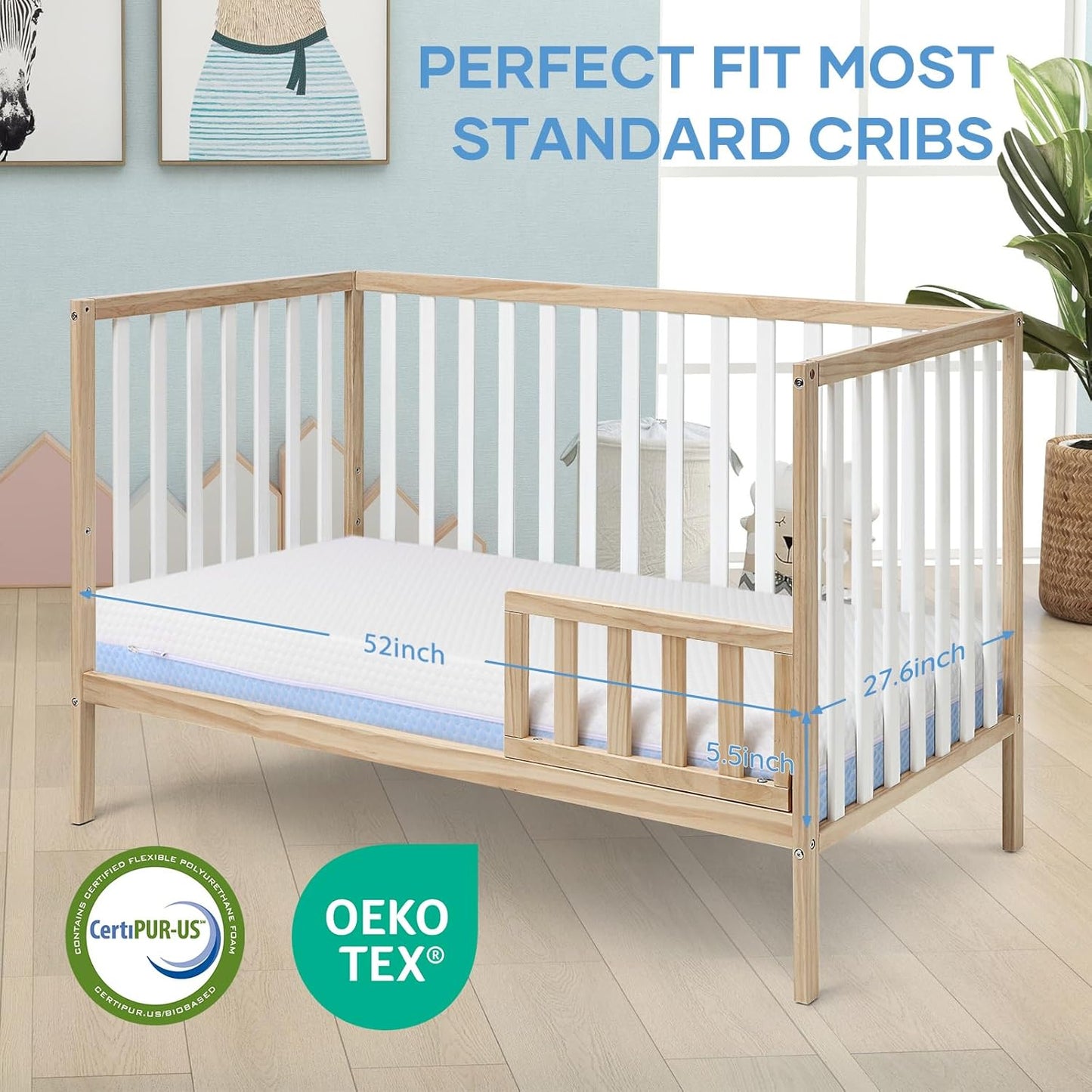 Skiennix Crib Mattress - Dual-Sided Memory Foam for Babies & Toddlers | Soft, Breathable, 52" x 27.6" x 5.5" with Washable Cover