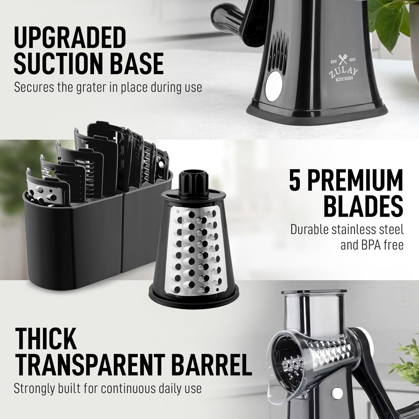 Zulay Kitchen Rotary Cheese Grater - 5 Blade Manual Hand Crank Shredder with Suction Base & Interchangeable Drums