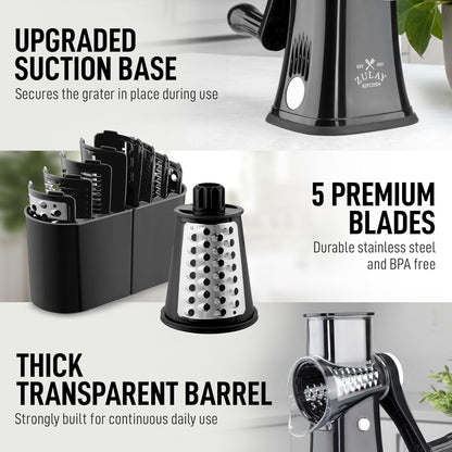 Zulay Kitchen Rotary Cheese Grater - 5 Blade Manual Hand Crank Shredder with Suction Base & Interchangeable Drums