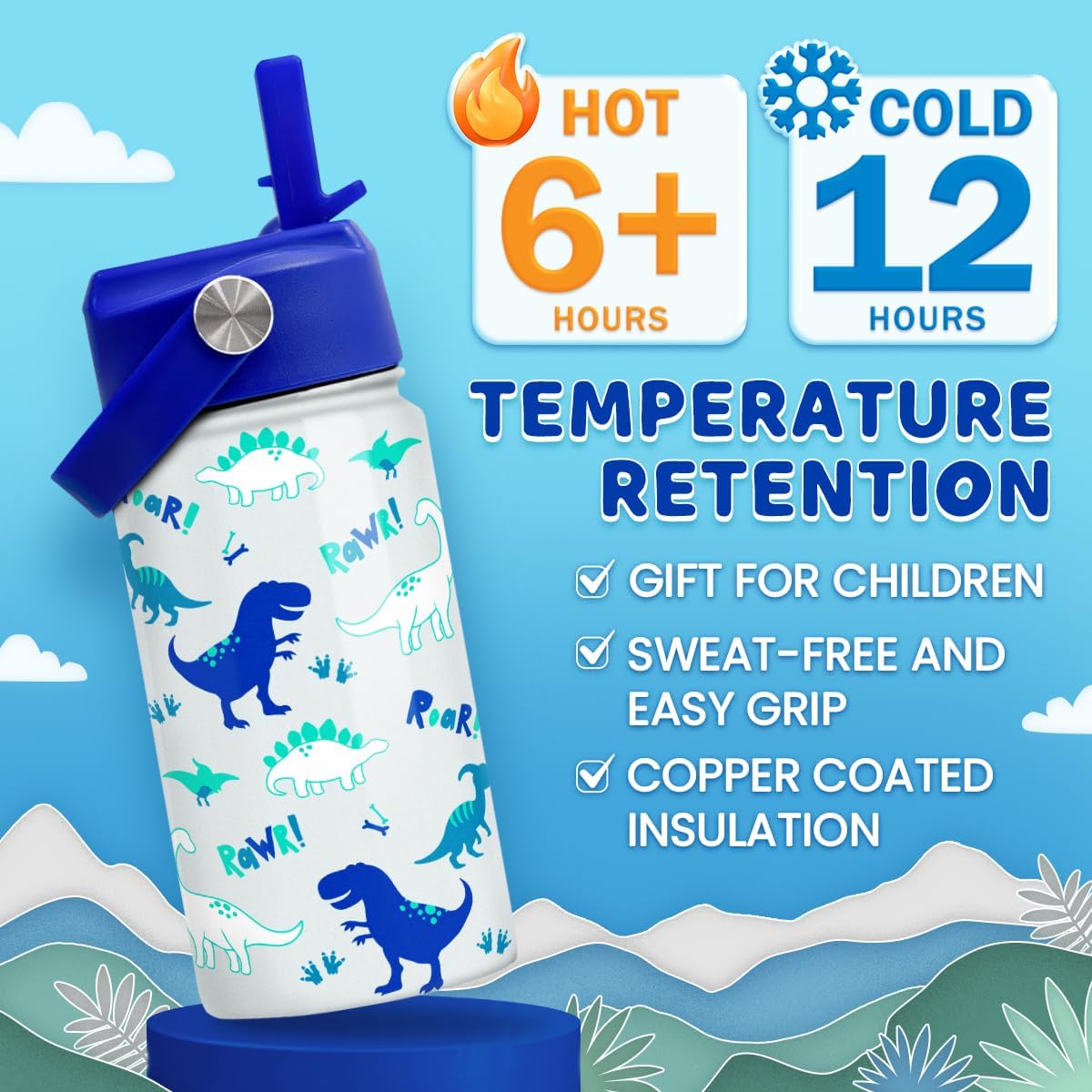 SANDJEST Dinosaur Insulated Stainless Steel Water Bottle - 12 oz Thermos for Kids & Teens | Perfect for School & Sports