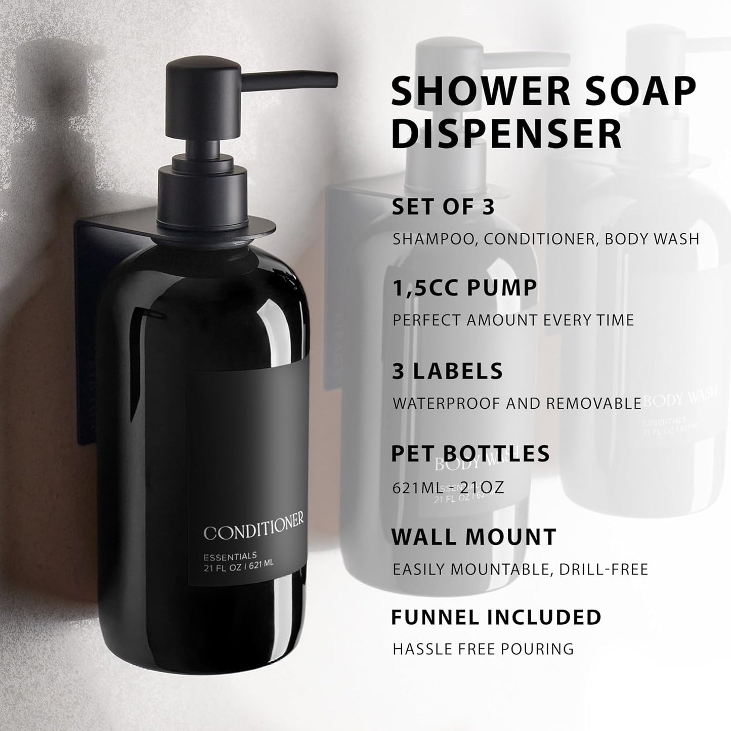 Stylish Shampoo & Conditioner Dispenser Set - Modern Wall-Mount 21oz Soap Bottles with Labels
