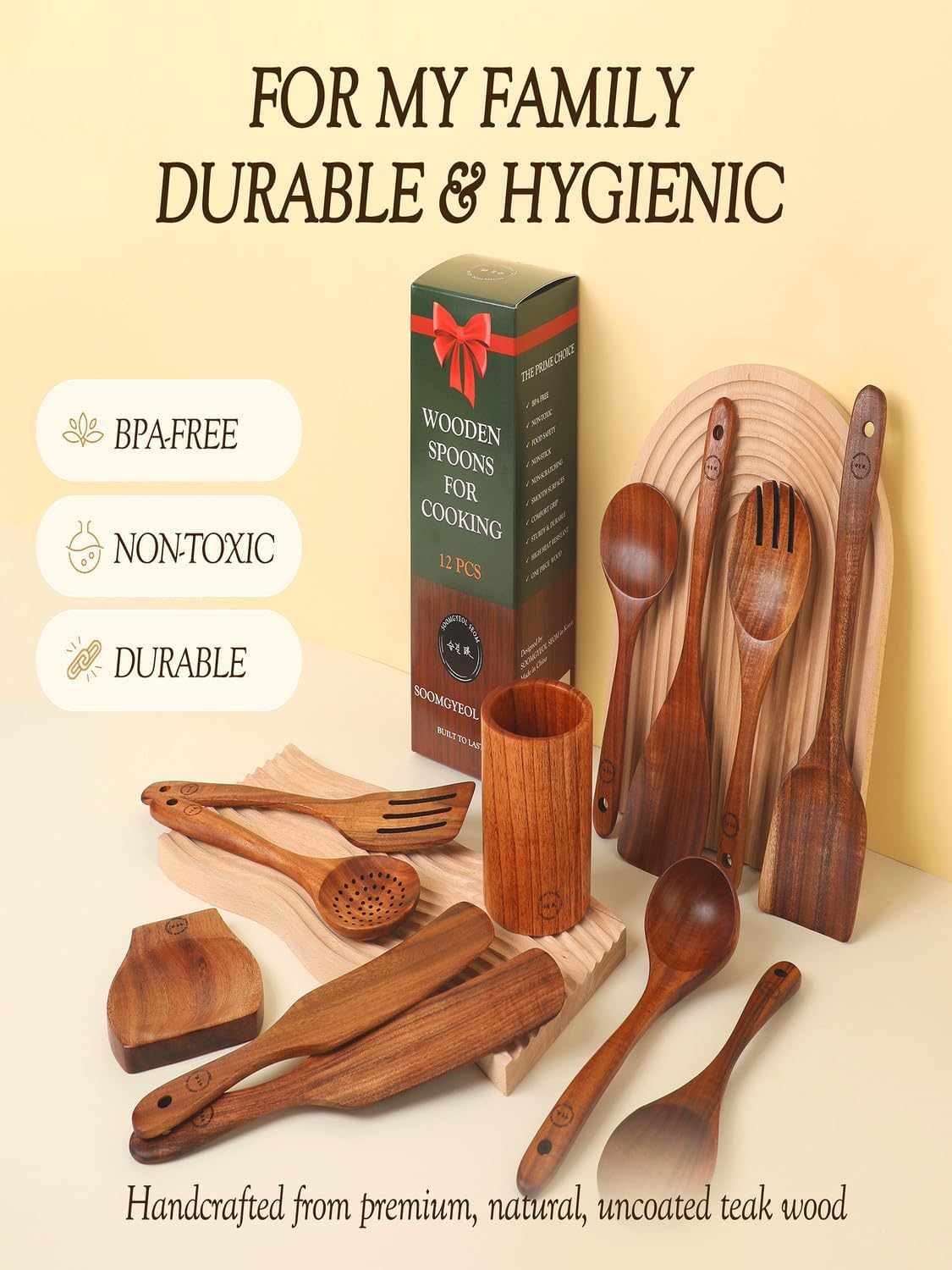 Skiennix 12-Piece Natural Teak Wood Utensil Set - Nonstick Cooking Spoons & Heat Resistant Tools