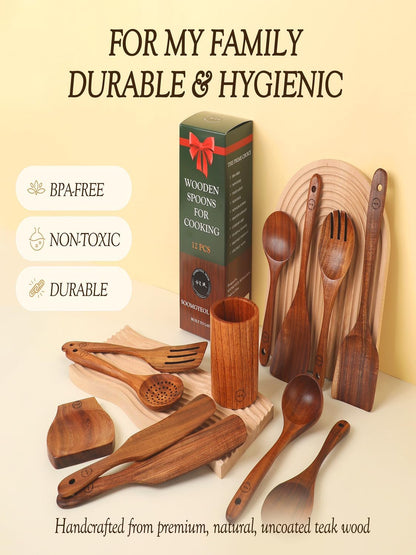 Skiennix 12-Piece Natural Teak Wood Utensil Set - Nonstick Cooking Spoons & Heat Resistant Tools