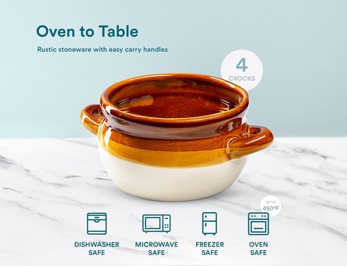 KooK French Onion Soup Bowls - Oven Safe Ceramic Crocks with Handles | Set of 4, 16oz & 18oz
