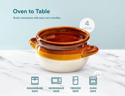 KooK French Onion Soup Bowls - Oven Safe Ceramic Crocks with Handles | Set of 4, 16oz & 18oz