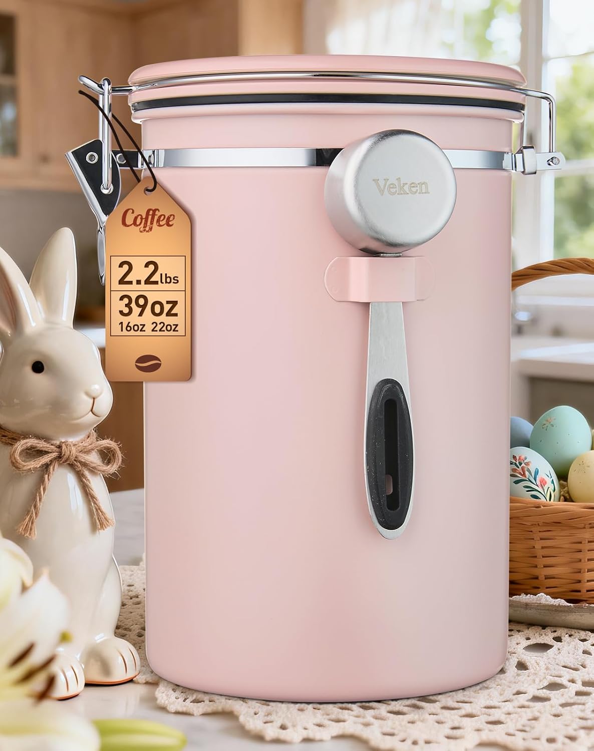 Veken Coffee Canister - 39oz Airtight Stainless Steel Storage for 2.2lbs Coffee, Sugar, Tea | Pink with Date Tracker & Scoop