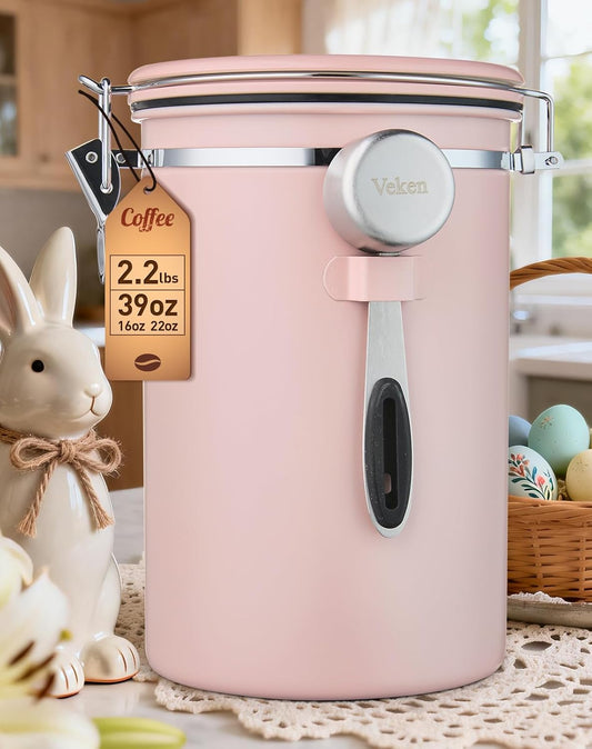 Veken Coffee Canister - 39oz Airtight Stainless Steel Storage for 2.2lbs Coffee, Sugar, Tea | Pink with Date Tracker & Scoop