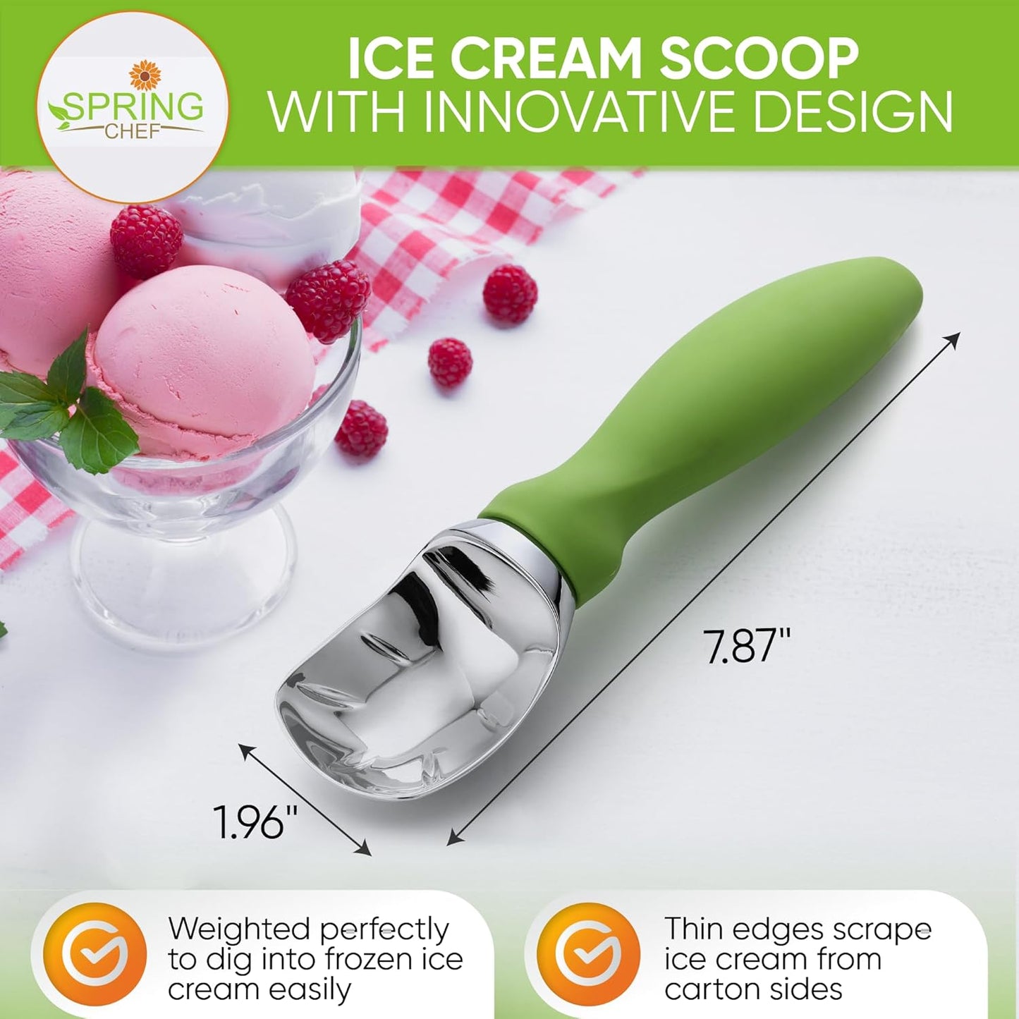 Spring Chef Heavy Duty Ice Cream Scoop - Non-Slip Handle for Easy Serving | Dishwasher Safe Tool