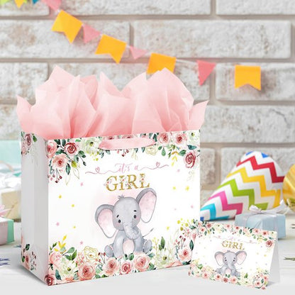 Laidans 13" Large Baby Shower Birthday Gift Bag for Girl with Tissue Papers and Card Pink Floral Elephant Design with Handles (Large Pink)